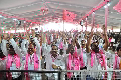 TRS workers ecstatic as newly re-elected party president and CM K Chandrasekhar Rao addresses them at the TRS plenary in Hyderabad. (File photo | Sayantan Ghosh)