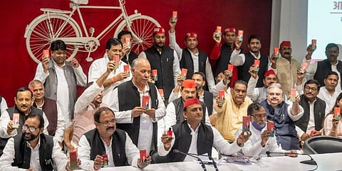Samajwadi Party president Akhilesh Yadav launches 'specially made Samajwadi perfume' on Tuesday, Nov 8, 2021. (Photo | Twitter, Akhilesh Yadav)