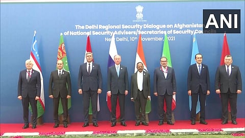 Top security officials of India, Russia, Iran and five central Asian countries at the Delhi Regional Security Dialogue on Afghanistan in New Delhi on Wednesday. (Photo | Twitter/ANI)