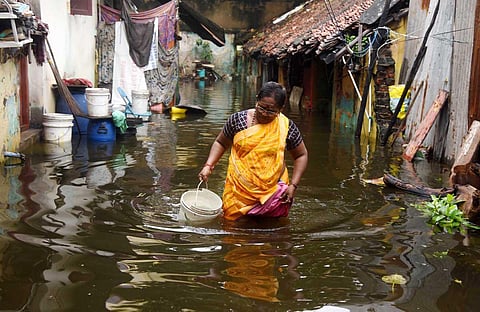 A woman wades through an inundated Maddox Street near Choolai in Chennai after rains lashed the city on Tuesday. (Photo | R Satish Babu, EPS)