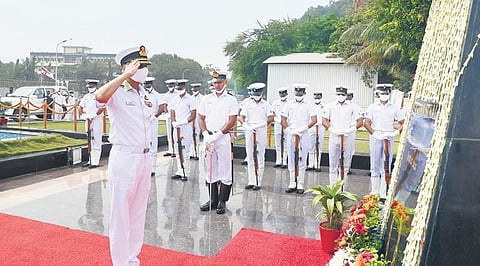 Outgoing Chief of Naval Staff Admiral Karambir Singh pays homage to the personnel who died in the line of duty, at Naval Dockyard, Visakhapatnam on Wednesday. (Photo | Express)
