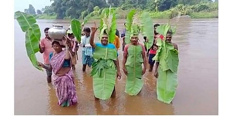 Tribals stage protest by wearing banana leaves in Nagavali river I Express