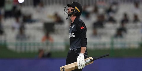 New Zealand's batsman Devon Conway leaves the field after being dismissed during the ICC men's T20 World Cup semifinal match against England, Abu Dhabi, UAE, Nov 10, 2021. (Photo | AP)