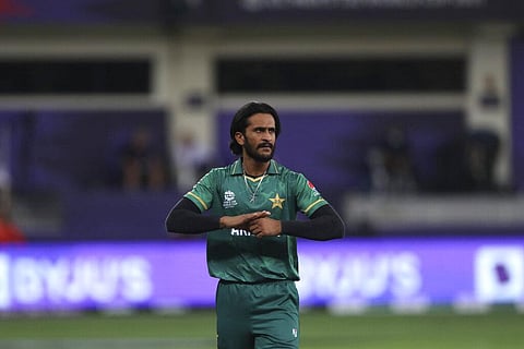 Pakistan's Hasan Ali reacts after Australia's Matthew Wade hit a six on his delivery during the Cricket Twenty20 World Cup second semi-final. (Photo | PTI)