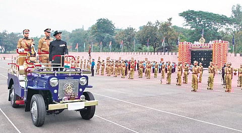 National Security Advisor Ajit Doval reviews the passing out parade of graduating IPS officers at the Sardar Vallabhbhai Patel National Police Academy, Hyderabad, on Friday. Director Atul Karwal and