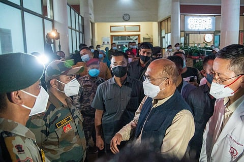 CM N Biren Singh visiting n hospital where army personnel injured in the attack are admitted. (Photo | Special Arrangement)
