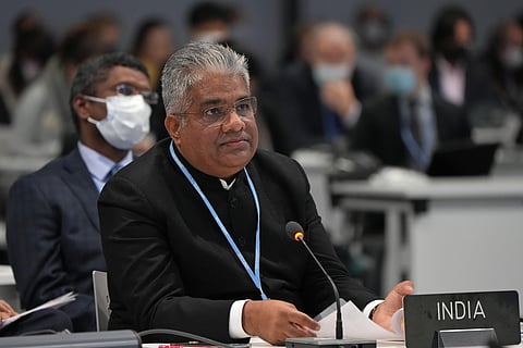 Indian minister for Environment and Climate Change Bhupender Yadav attends a stocktaking plenary session at the COP26 U.N. Climate Summit in Glasgow, Scotland, Saturday, Nov. 13, 2021. (AP)