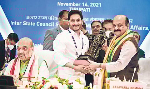 Karnataka Chief Minister Basavaraj Bommai greets his Andhra Pradesh counterpart YS Jagan Mohan Reddy in the presence of Amit Shah at the 29th Southern Zonal Council meeting