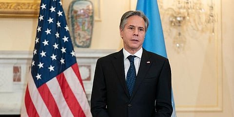 Secretary of State Antony Blinken speaks in the Benjamin Franklin State Dining Room (Photo | AP)