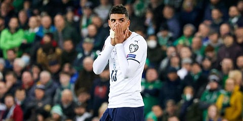 Emerson of Italy reacts during the World Cup 2022 group C qualifying soccer match between Northern Ireland and Italy at Windsor Park stadium in Belfast, Northern Ireland, Nov. 15, 2021. (Photo | AP)