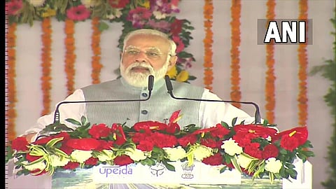 PM Modi addresses a rally after inaugurating the Purvanchal expressway. (Photo | Twitter/ANI)