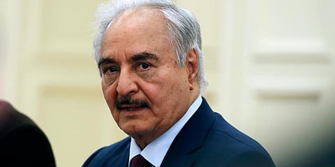 Libyan Gen. Khalifa Hifter joins a meeting with the Greek Foreign Minister Nikos Dendias in Athens, Greece, Jan. 17, 2020. (File Photo | AP)