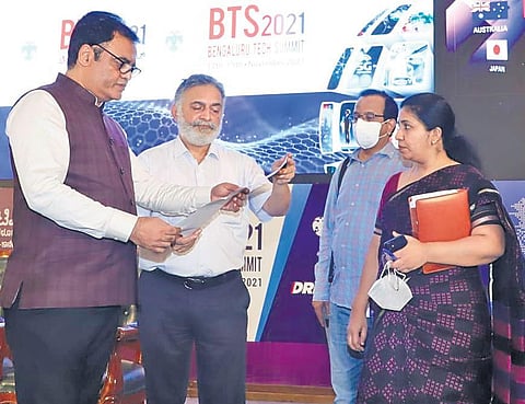 IT and BT Minister Dr CN Ashwath Narayan (left) oversees prepartions for the Bengaluru Tech Summit 2021 on Tuesday | Express