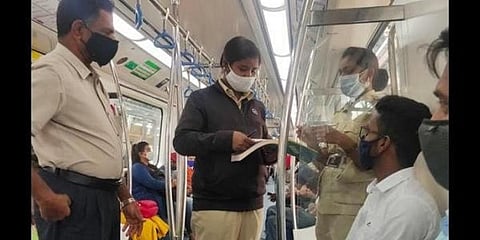 A fine of over Rs 76 lakh has been collected so far from Metro passengers in Bengaluru who did not wear masks properly inside trains and stations. (Photo | EPS)