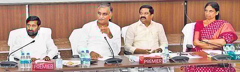 Telangana Finance Minister Harish Rao addresses a review meeting on Dharani portal, on Wednesday, Nov 17, 2021. (Photo | EPS)