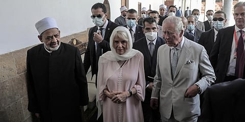 Britain’s Prince Charles and his wife, Camilla visit the Al-Azhar Mosque, the oldest Sunni institution in the Muslim world with Grand Imam of Al-Azhar Mosque Ahmed al-Tayeb (L) in Cairo. (Photo | AP)