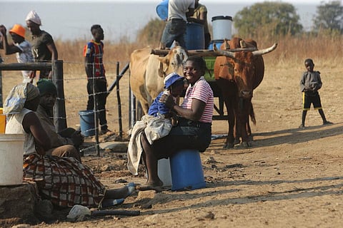 A woman smiles while playing with her baby at a water point on the outskirts of the capital Harare (Photo | AP)