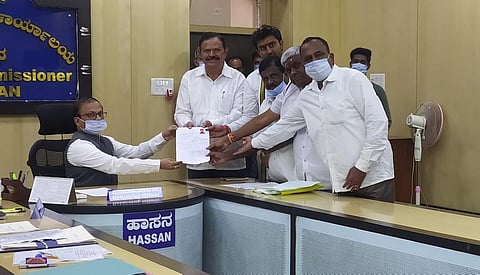 Dr Suraj Revanna submits his nomination papers for the MLC election in Hassan on Friday (Photo | Express)