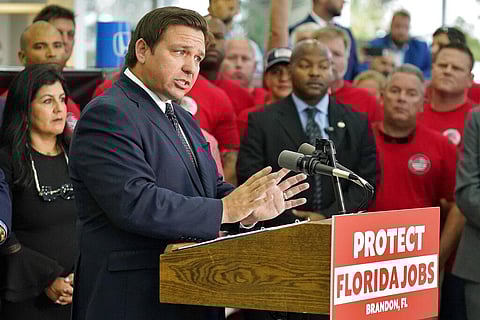 Florida Gov. Ron DeSantis speaks to supporters and members of the media before a bill signing Thursday, Nov. 18, 2021, in Brandon, Fla. (Photo | AP)