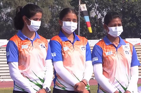 India's Recurve Women's Team comprising of Madhu Vedwan, Ankita Bhakat, and Ridhi bags Silver Medal at the 22nd Asian Archery Championships 2021, Dhaka. (Photo | Twitter)