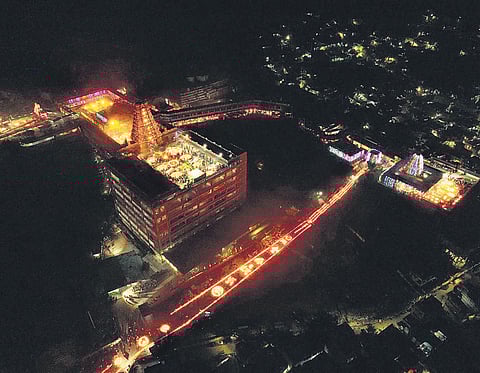 An aerial view of Kanaka Durga temple during Koti Deepotsavam organised on the occasion of Karthika Pournami in Vijayawada on Thursday. (Photo | Express)