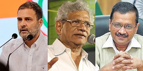 (From left) Congress leader Rahul Gandhi, CPM leader Sitaram Yechury and Delhi Chief Minister Arvind Kejriwal. (File photo| PTI and EPS)