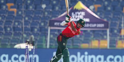 Bangladesh's Afif Hossain is out bowled by South Africa's Dwaine Pretorius during their ICC T20 World Cup match in Abu Dhabi, UAE, Tuesday, Nov. 2, 2021. (Photo | AP)