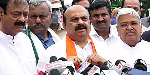 Karnataka Chief Minister Basavaraj Bommai speaks to the media on by-poll results, in Mandya. (Photo | ANI)