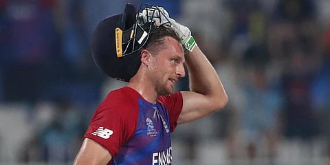 England's Jos Buttler celebrates his century. (Photo | AP)