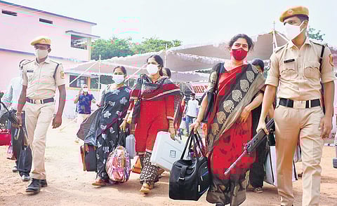 Polling staff leave for their respective polling booths on the eve of the Huzurabad byelection. (File Photo)