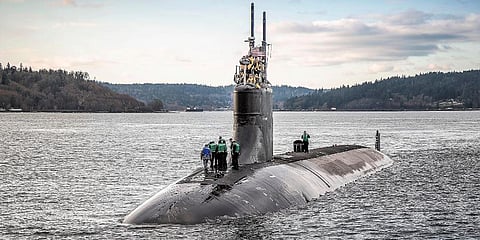 The Seawolf-class fast-attack submarine USS Connecticut (SSN 22) departs Puget Sound Naval Shipyard for sea trials following a maintenance availability, Dec. 15, 2016, in Washington. (File Photo | AP)
