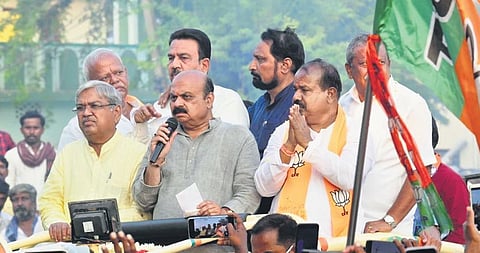 CM Basavaraj Bommai campaigning for party candidate Ramesh Bhusanur for the October 30 bypolls in Sindagi.