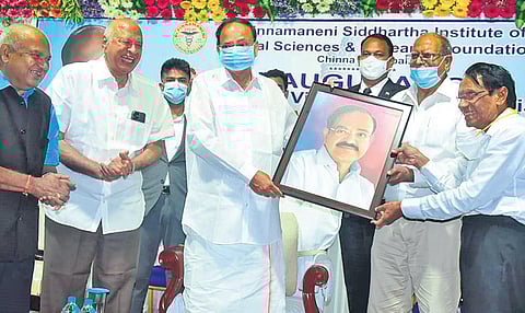 Vice-President M Venkaiah Naidu during the launch of an oxygen plant at Pinnamaneni-Siddhartha Medical College near Vijaywada on Monday | Express
