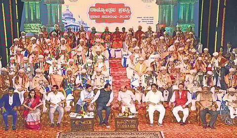 Recipients of the 66th Kannada Rajostava Awards at the Ravindra Kalashetra in Bengaluru on Monday | Nagaraja Gadekal
