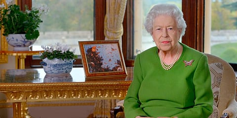 Britain's Queen Elizabeth II delivers a message, which was played during a welcoming reception, part of the COP26 Summit being held in Glasgow, Scotland. (Photo | AP)