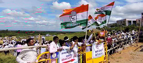 Congress supporters gathered near counting centre in Haveri on Tuesday – D Hemanth