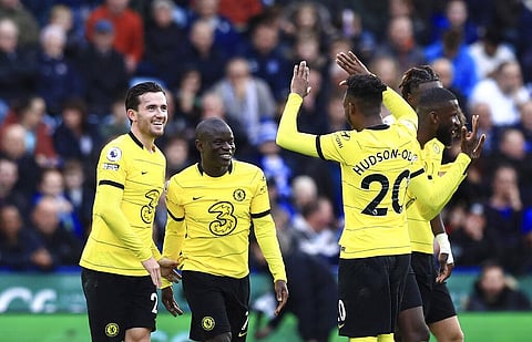Chelsea's N'Golo Kante, 2nd left, celebrates after scoring during Premier League match against Leicester City at King Power Stadium, Leicester, England, Saturday, Nov. 20, 2021. (Photo | AP)