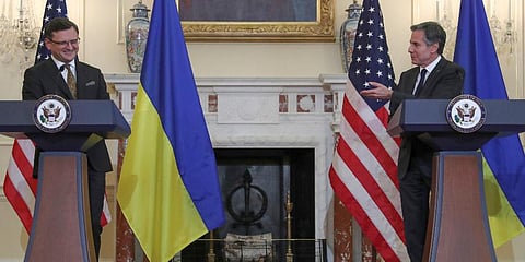 US Secretary of State Antony Blinken and Ukraine's Foreign Minister Dmytro Kuleba after the U.S.-Ukraine Strategic Dialogue talks at the State Department in Washington, Nov 10, 2021. (Photo | AP)