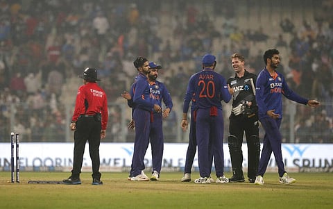 New Zealand's Lockie Ferguson, second right, greets Indian players after their win in the third T20 cricket match. (Photo | AP)