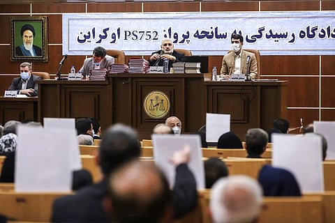 This photo released by Mizan News Agency, shows a hearing in an Iranian military courtroom for the 2020 downing of a Ukrainian plane that killed 176 people (Photo | AP)