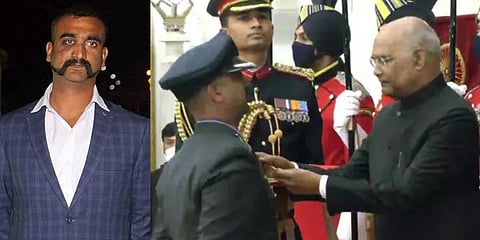 Wing Commander (now Group Captain) Abhinandan Varthaman being accorded the Vir Chakra by President Ram Nath Kovind. (Photo | PTI and ANI)