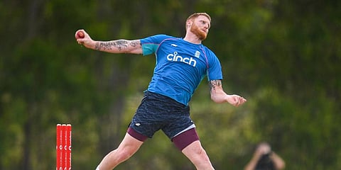 England's Ben Stokes bowls during a practice session on the first day of the Ashes tour match between England Men and England Lions, at Redlands Cricket Club, in Brisbane, Nov 23, 2021. (Photo | AP)