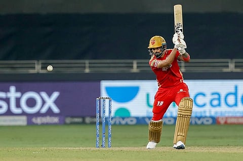 Punjab Kings captain KL Rahul plays a shot during an IPL match against the Kolkata Knight Riders. (Photo | PTI)