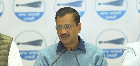 AAP convener Arvind Kejriwal addressing a press conference. (Photo | Twitter)