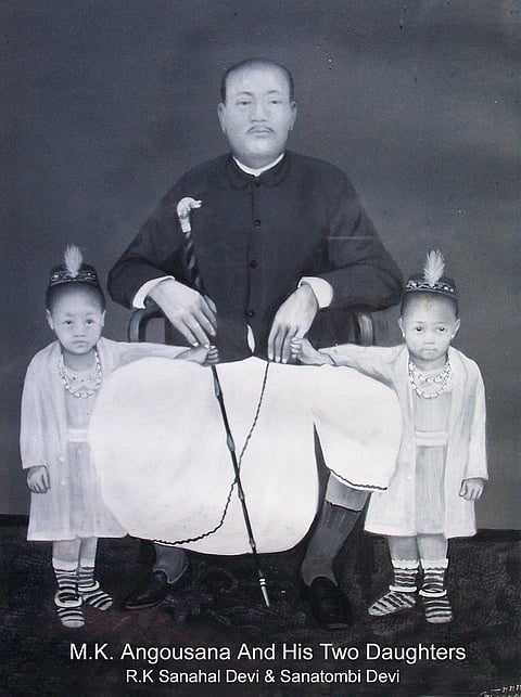 M K Angousana and his twin daughters, R K Sanahal Devi and Sanatombi Devi.