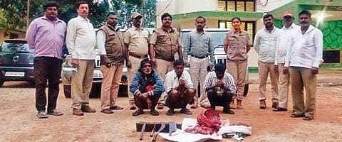 Chikkaballapur range forest officers have arrested 3 deer poachers who were illegally cutting deer meat in a reserve forest area near Arur village