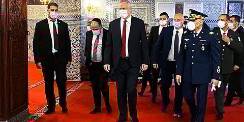 Israeli Defence Minister Benny Gantz (C) visits the Mausoleum of King Mohammed V, in Rabat, Morocco. (Photo | AP)