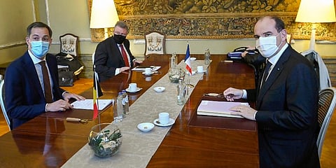 France PM Jean Castex (R) and Belgium PM Alexander De Croo (L) are seen at the start of a Belgian-French security consultation meeting at Egmont Palace in Brussels. (Photo | AP)