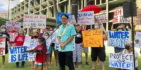 Sierra Club of Hawaii Director Wayne Tanaka speaks at a news conference and rally in Honolulu, on Wednesday, Nov. 24, 2021. (Photo | AP)