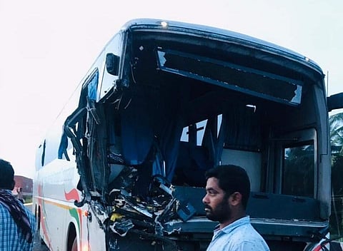 The front portion of the KSRTC bus was damaged in the accident.